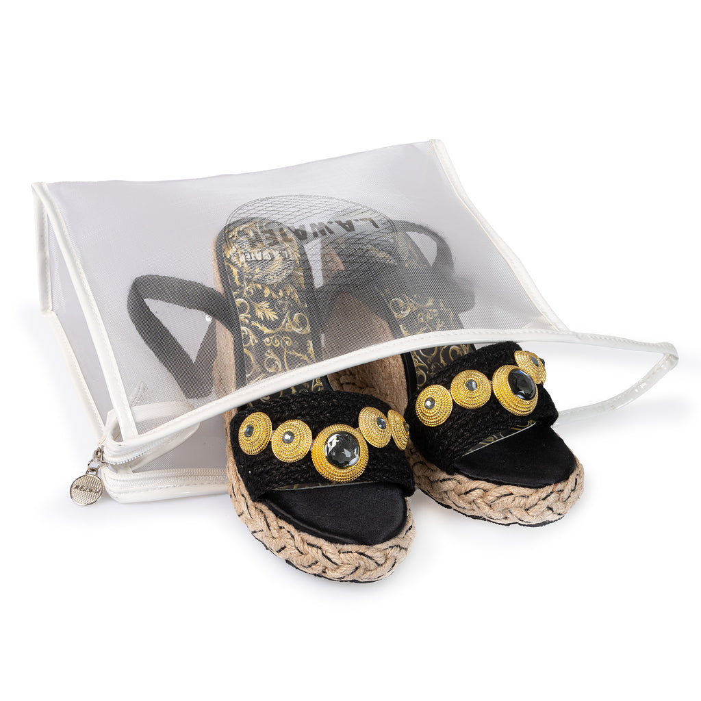 BLACK ROPE WEDGE SANDALS