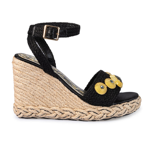 BLACK ROPE WEDGE SANDALS