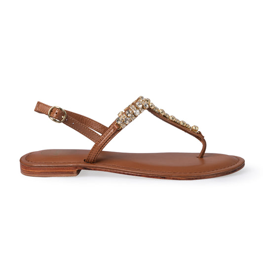 AMALFI LEATHER TAN THONG SANDAL WITH JEWEL