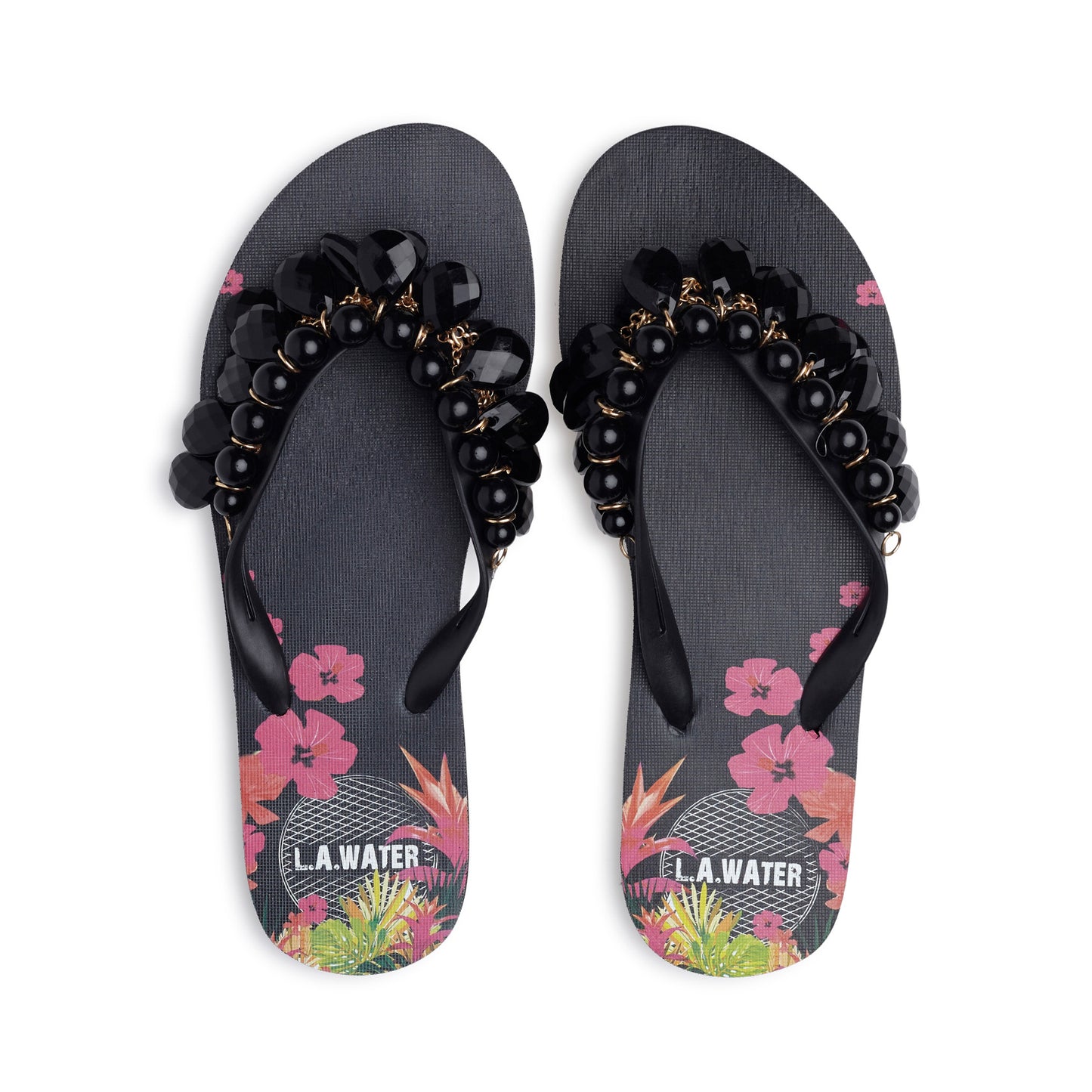 BLACK FLOWERED SLIPPERS