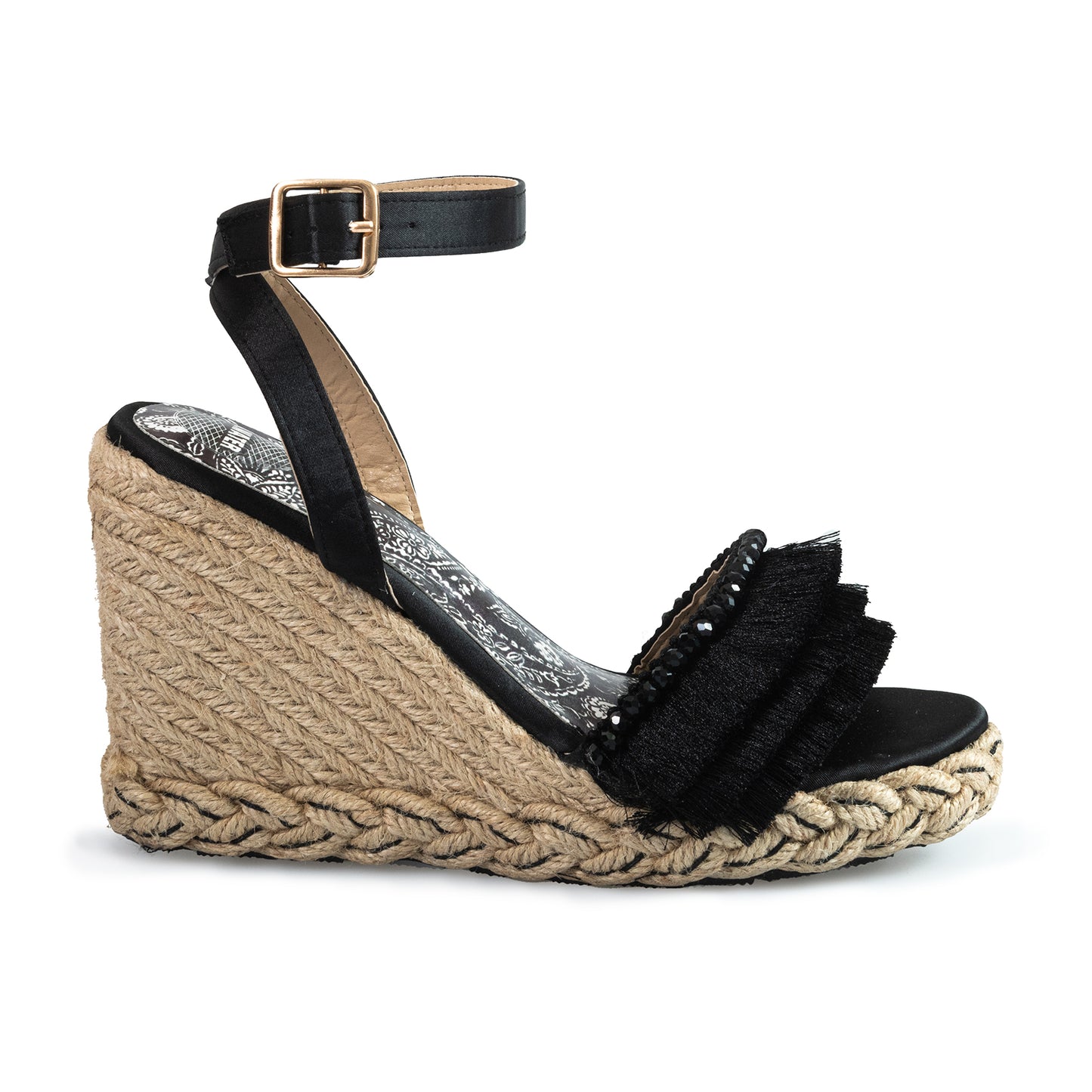 BLACK BOHO SANDAL ROPE WEDGE